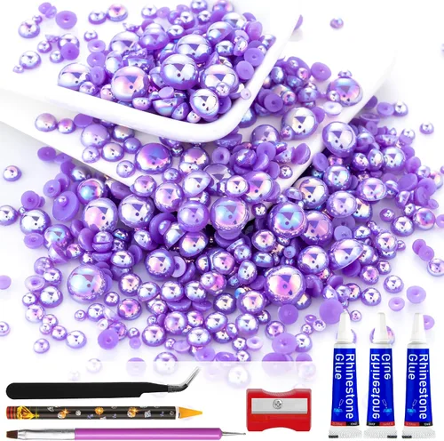 Miniatura 25 de 60g de Perlas Acuamarina Dorada con Diamantes de Imitación para Manualidades Tamaño Mixto 3mm-10mm Color AB Redondas Perlas Medias Planas Conjunto