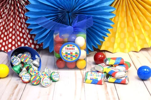 Miniatura 2 de Kit de calcomanías para fiesta de cumpleaños de bloques de construcción y ladrillos, 429 piezas, incluye 60 calcomanías circulares de 2 pulgadas