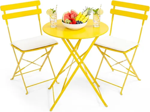 Juego de muebles de patio para exteriores, juego de mesa y sillas plegables para bistró, balcón, porche, jardín (amarillo con cojín)
