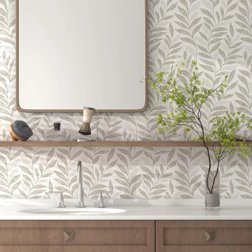 Miniatura 5 de Papel tapiz de hojas para despegar y pegar, bohemio, 17.3 x 78.8 pulgadas, color beige y blanco, papel tapiz autoadhesivo extraíble para baño