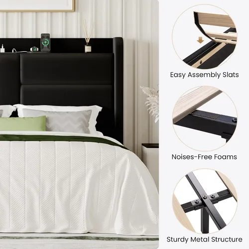 Miniatura 7 de SHA CERLIN Base de cama tapizada tamaño Queen con estante de almacenamiento y estación de carga, cama moderna de plataforma de terciopelo con Negro