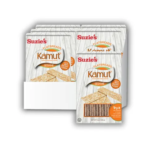 Suzie's Kamut - Galletas de pan plano de sésamo | Paquete de 6 | Bajo en grasa y veganas, Kosher, grano de tren | Opción de aperitivo saludable bajo