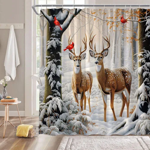 Miniatura 3 de Cortina de ducha de invierno, naturaleza, bosque, nevado, ciervo, vida silvestre, caza, campo, Navidad, paisaje, decoración de baño, cortinas