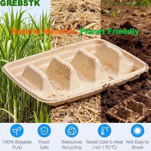 Miniatura 9 de GREBSTK Paquete de 30 soportes desechables para tacos, platos de taco de pulpa de bagazo compostables con 3 divisores para fiesta de tacos, juego