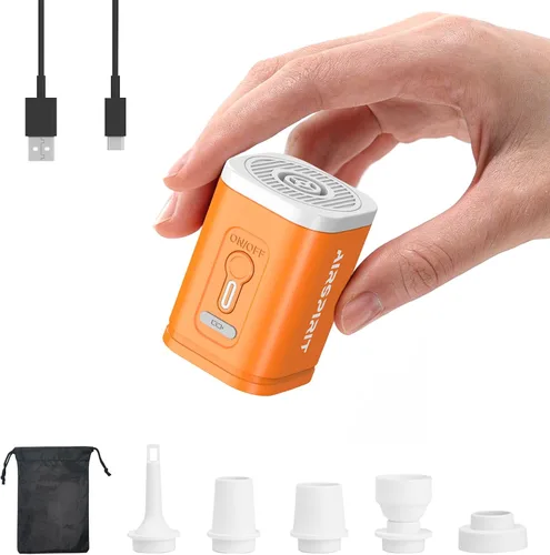 Miniatura 14 de Mini bomba de aire eléctrica portátil para inflables, luz de campamento (SOS), 5 boquillas universales, clip de mosquetón, recargable de 1200 mAh