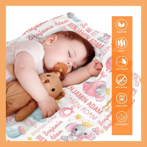 Miniatura 9 de Manta personalizada con nombre de Elaphants, regalo para bebés y niñas, manta de franela suave para recién nacidos, cómoda y acogedora, manta