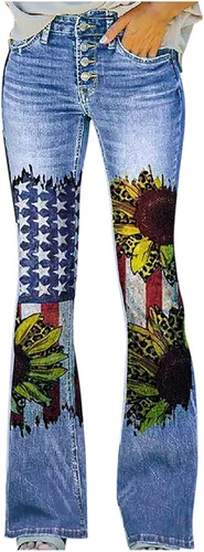 lcziwo Pantalones de mezclilla finos de imitación para mujer, cintura alta, elásticos, con botones, estampado floral, color degradado, corte de bota