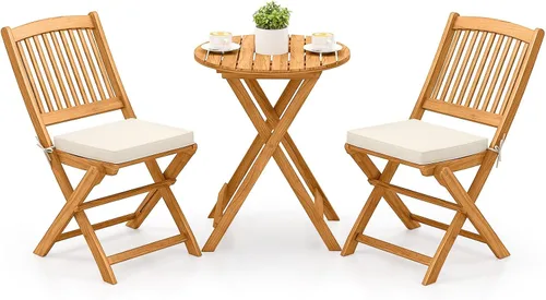 Miniatura 10 de Tangkula Juego de 3 piezas de sillas y mesa de madera de acacia para exteriores, con cojín acolchado y mesa de centro redonda, ideal para patio Rojo
