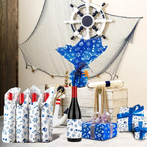 Miniatura 4 de HolyMaji 30 hojas de papel de seda náutico azul, tamaño grande, 20 x 26 pulgadas, diseño de ancla, papel decorativo de regalo para decoración