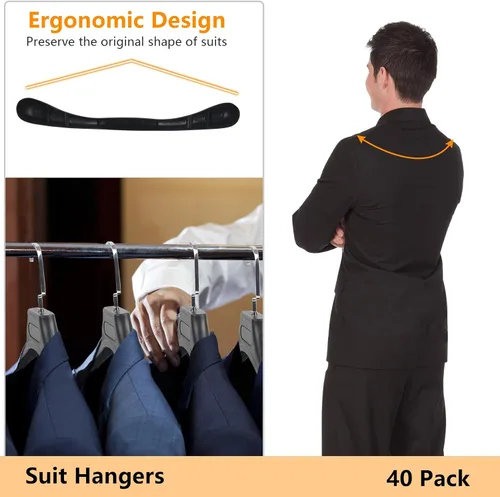 Miniatura 4 de DEDU Perchas de traje para hombres, paquete de 40 perchas extra anchas antideslizantes de ancho 17.7 pulgadas, perchas de plástico grueso negro
