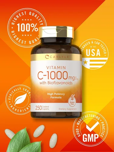 Miniatura 6 de Carlyle Vitamina C 1000mg con Bioflavonoides 250 Comprimidos con Escaramujo Suplemento Vegetariano, Sin OMG, Sin Gluten