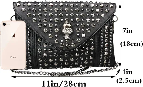 Miniatura 8 de Bolso de mano con cadena de remache para mujer, bolso de mano pequeño de piel sintética, bolso de hombro con asa superior, color negro