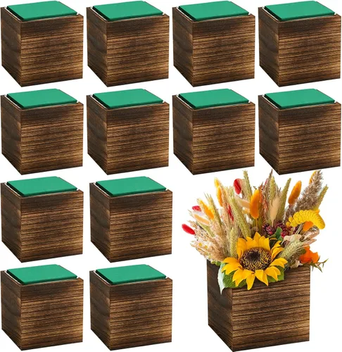 Miniatura 8 de Dandat Juego de 12 Macetas Cúbicas de Madera, Maceta Cuadrada de Madera Estilo Rústico con Forro de Plástico Desmontable, Bloques de Espuma Floral