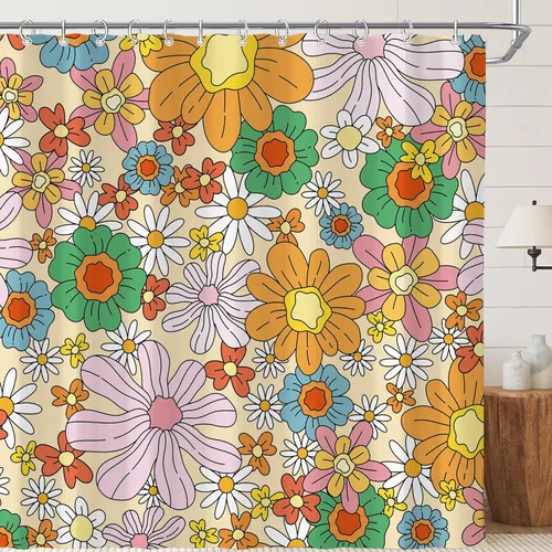 Miniatura 38 de Cortina de ducha pequeña para casa rodante, tamaño medio, estilo retro de los 70, con flores bonitas, estética abstracta de margaritas, decorativa