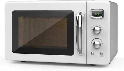 Horno microondas retro para encimera, SIMOE Horno microondas compacto 0.9 pies cúbicos con bloqueo para niños, 5 niveles de potencia, descongelación