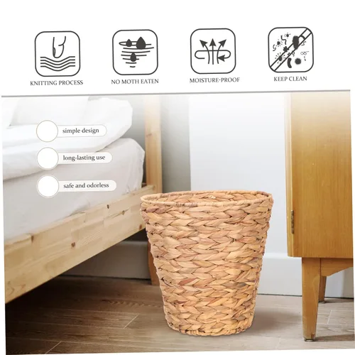 Miniatura 6 de Cesta de basura tejida de ratán, cesta de basura para oficina, cesta de almacenamiento de jacinto, cesta de basura tejida con paja, cesta