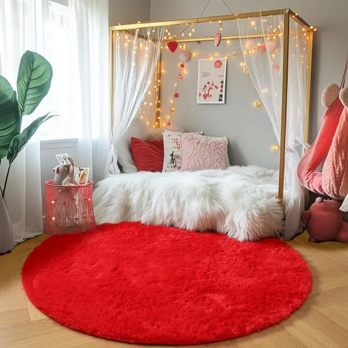 Miniatura 6 de PAGISOFE Alfombra Roja Redonda de 4 Pies, Alfombras de Área para Dormitorio, Alfombra Circular para Habitación de Niñas, Alfombras Esponjosas, Rojo