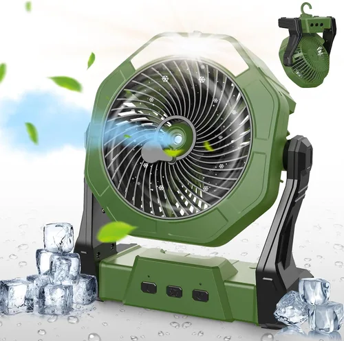 Miniatura 12 de Ausic Ventilador de camping portátil de niebla, ventilador de enfriamiento al aire libre de 8 pulgadas con luz LED, espray de agua, gancho