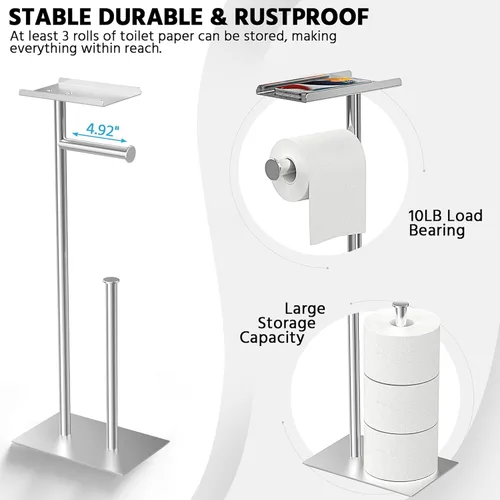 Miniatura 4 de Cisily Soporte de papel higiénico de acero inoxidable plateado con estante para teléfono, decoración para baño. Soporte para rollo de papel Plata