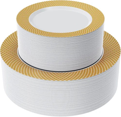 FOCUSLINE Juego de 102 platos de plástico dorados desechables con borde de rejilla dorada, 51 platos llanos de 10 pulgadas y 51 platos de ensalada y