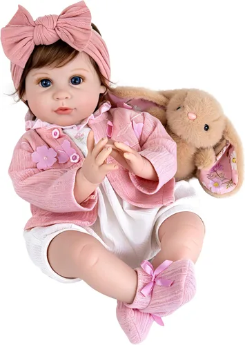 Miniatura 11 de Aori Muñecas Reborn de 22 pulgadas – Muñeca de bebé realista para niños de 3 años en adelante – Bebé recién nacido realista con traje rosa – Cuerpo