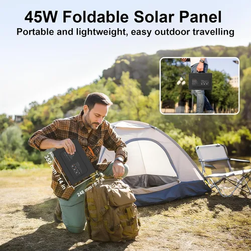 Miniatura 7 de Cargador de panel solar portátil de 45 W con USB-C, USB-A y salidas DC de 18 V, paneles solares plegables impermeables IP67 con un soporte