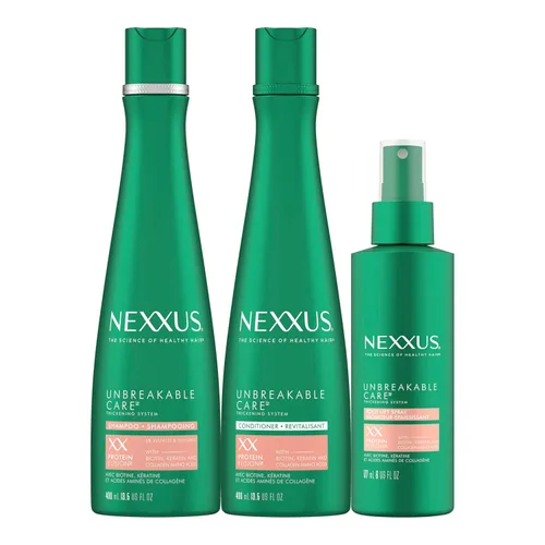Nexxus Champú, acondicionador y spray sin enjuague para el cuidado irrompible, paquete de 3 para cabello fino y fino con queratina, colágeno, biotina