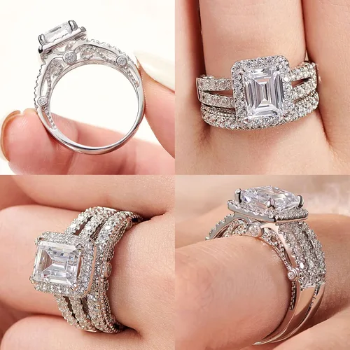 Miniatura 4 de Wuziwen Juego de anillos de compromiso de plata de ley de 4 quilates con corte esmeralda para mujer, talla 5-10