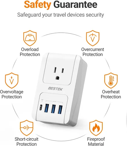 Miniatura 7 de BESTEK Adaptador de viaje universal, adaptador de corriente internacional con 1 tomacorrientes, 4 puertos de carga USB (1 USB C PD 35W), enchufes