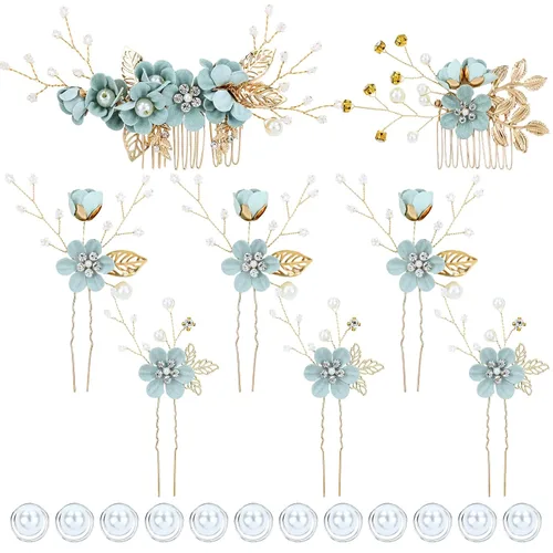 Miniatura 13 de inSowni - Juego de 20 peines laterales elegantes de color azul polvoriento con flores para novias, accesorios para el cabello para bodas, pinzas