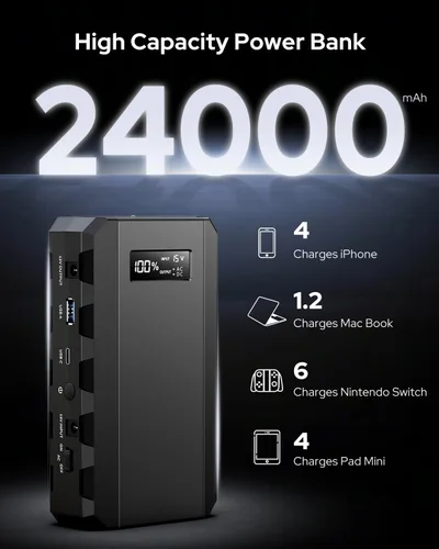 Miniatura 2 de Apowking Banco de Energía con Toma de CA, 65W Banco de Batería Portátil para Laptop Carga Rápida, 88.8Wh/24000mah Estación de Energía para Camping