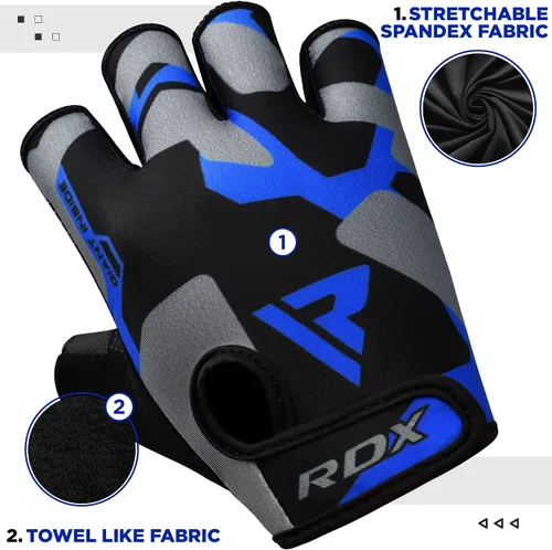Miniatura 6 de RDX Guantes de levantamiento de pesas para gimnasio, entrenamiento de fitness, palma acolchada antideslizante, equipo de entrenamiento de fuerza Azul