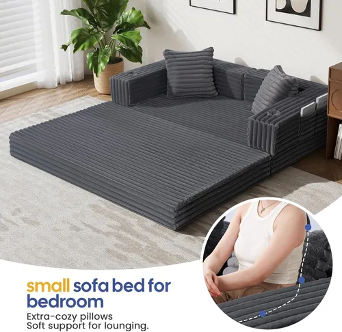 Miniatura 4 de COMAX Sofá cama futón, sofá cama convertible 4 en 1, sofás deshuesados para sala de estar, sofá biplaza plegable pequeño plegable que ahorra Gris