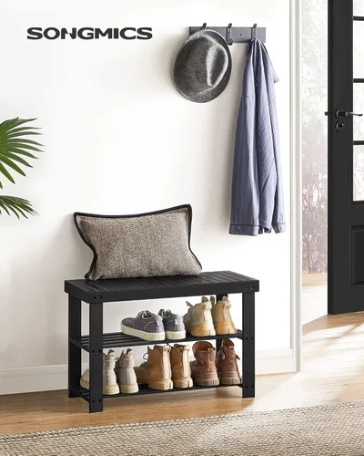 Miniatura 2 de SONGMICS - Banco zapatero, organizador de zapatos de bambú de 3 niveles, banco de entrada, soporta hasta 286 libras, 11.3 x 27.6 x 17.8 pulgadas