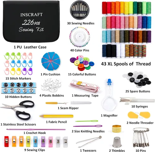Miniatura 2 de Kit de costura grande, 226 piezas de suministros de costura premium con 43 carretes de hilo XL, funda de cuero, tijeras, hilo, agujas y accesorios