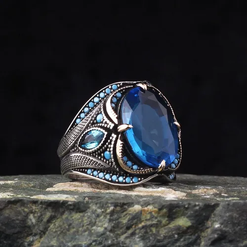 Miniatura 2 de BayVog 925 Sterling Silver Men's Ring, Blue Topaz Gem Stone Men Silver Ring, Handmade Zircon Stone Silver Ring for Men, Blue Stone Silver Ring gifts