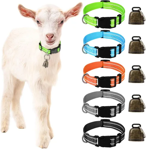 Paquete de 5 collares reflectantes de cabra con campanas, caballo, oveja, pastoreo, campanas de cobre y collar de nailon ajustable, campanas de