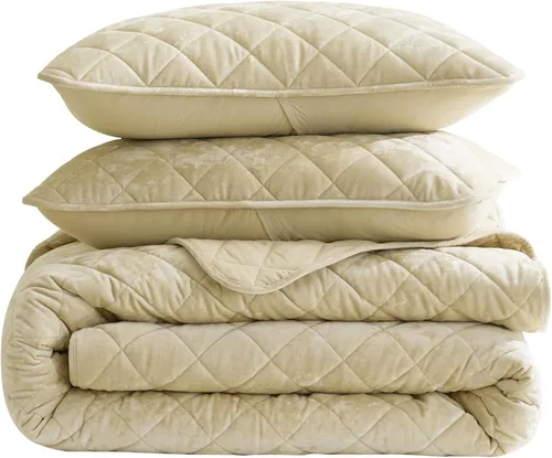 Miniatura 9 de Chezmoi Collection Lux - Juego de edredón de terciopelo beige Queen, 3 piezas, ropa de cama de terciopelo envejecido de felpa para todas