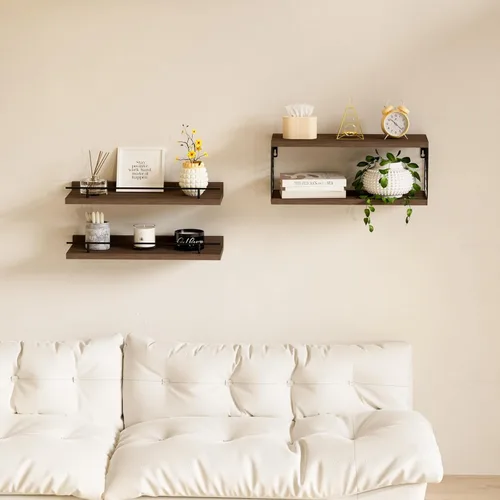 Miniatura 7 de Estantes flotantes para pared, estante flotante para baño, juego de 3, estante flotante para pared con soporte de papel higiénico para baño, Marrón