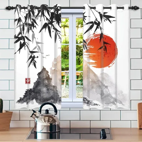 Miniatura 89 de Cortinas japonesas con pintura de tinta, monte Fuji, sol rojo, puesta de sol, hojas de bambú, cortinas de ventana para dormitorio, sala de estar