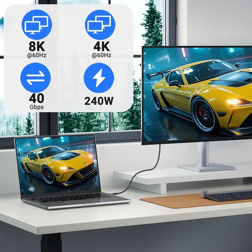 Miniatura 5 de Paquete de 2 cables USB 4 de 1 pie, cable USB C a USB C de 240 W, transferencia de datos de alta velocidad de 40 Gbps y salida de video de pantalla