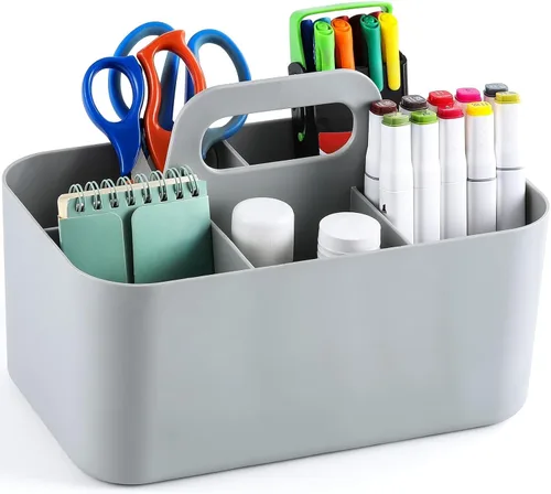 Miniatura 9 de Organizador Caddy Multiusos con Asa - Contenedor de Plástico Apilable Tote - Suministros de Arte y Manualidades, Oficina, Escritorio, Papelería, Gris