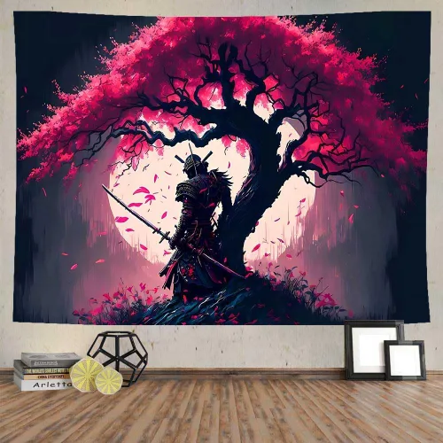 Miniatura 9 de Ine Ive GTDWIE0297 - Tapiz samurái japonés para estética de dormitorio, luna llena, árbol de cerezo, 40 x 30 pulgadas, arte japonés para dormitorio