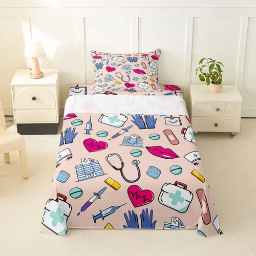 Miniatura 29 de Erosebridal Nurse Sheet Set Stethoscope Twin Sheets Set for Teen Boys,Colorful Medical Healthcare Heartbeat Syringe Fitted Sheet