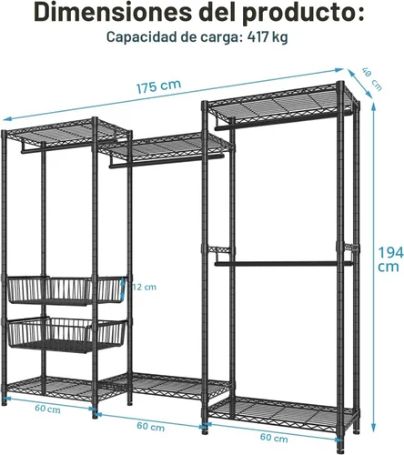 Miniatura 6 de VIPEK V10 - Perchero de ropa de gran tamaño resistente con varillas para colgar, estantes ajustables y 2 cestas de almacenamiento deslizantes