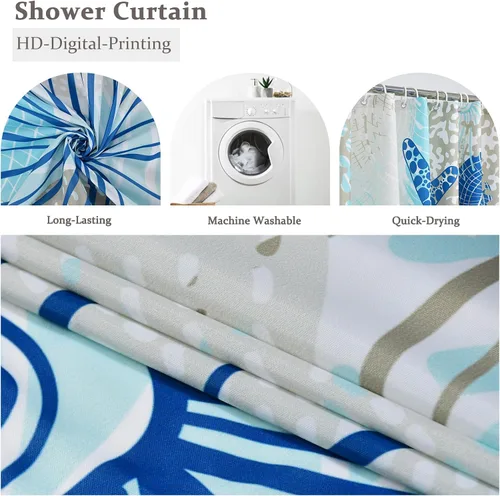 Miniatura 3 de Cortina de ducha azul océano, juego de cortina de ducha náutica costera de coral con estrellas de mar, para baño, tema náutico marino oceánico, mar