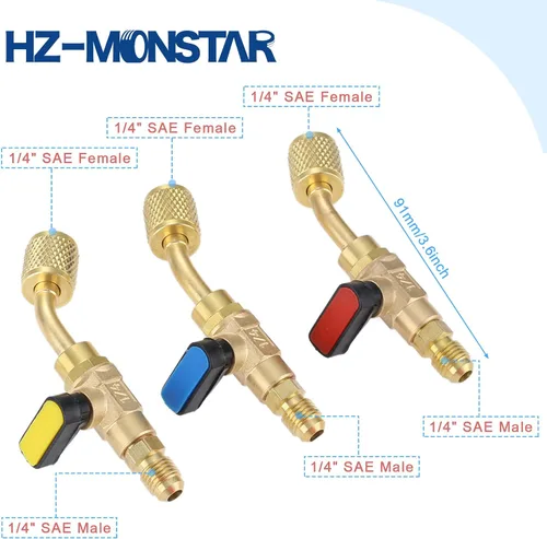 Miniatura 2 de Válvula de bola refrigerante de aire acondicionado 1/4 '' SAE, adaptador de válvula de bola de cierre en ángulo HVAC de latón para sistema mini