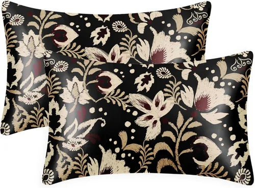 Miniatura 64 de EXQ Home - Funda de almohada de satén para cuidar el cabello y la piel, tamaño estándar, de seda con estampado negro, juego de 2 fundas con cierre