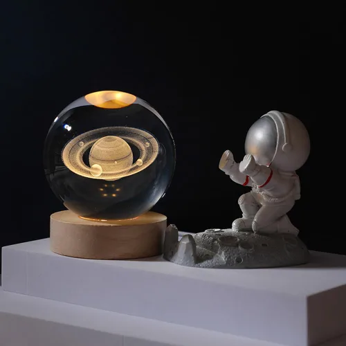 Miniatura 2 de Luz nocturna LED de bola de cristal, sistema de la Vía Láctea, lámpara de noche de cristal grabada en 3D con base de madera, carga USB
