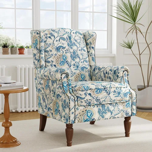 Miniatura 9 de Silla reclinable tapizada, sillón de ala floral con respaldo y reposapiés ajustables, cómoda silla decorativa para leer, sofá individual